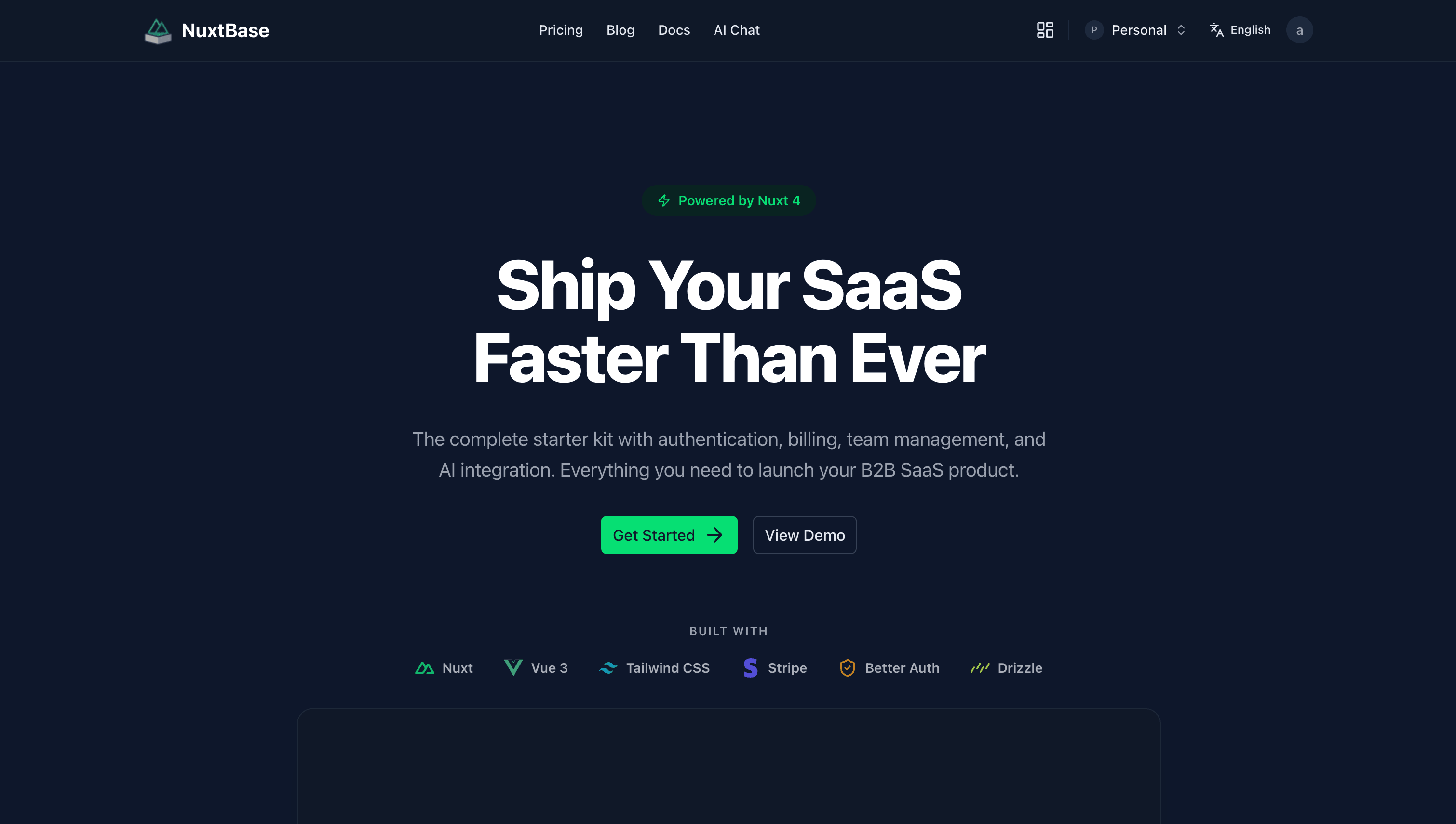 NuxtBase marketing page preview